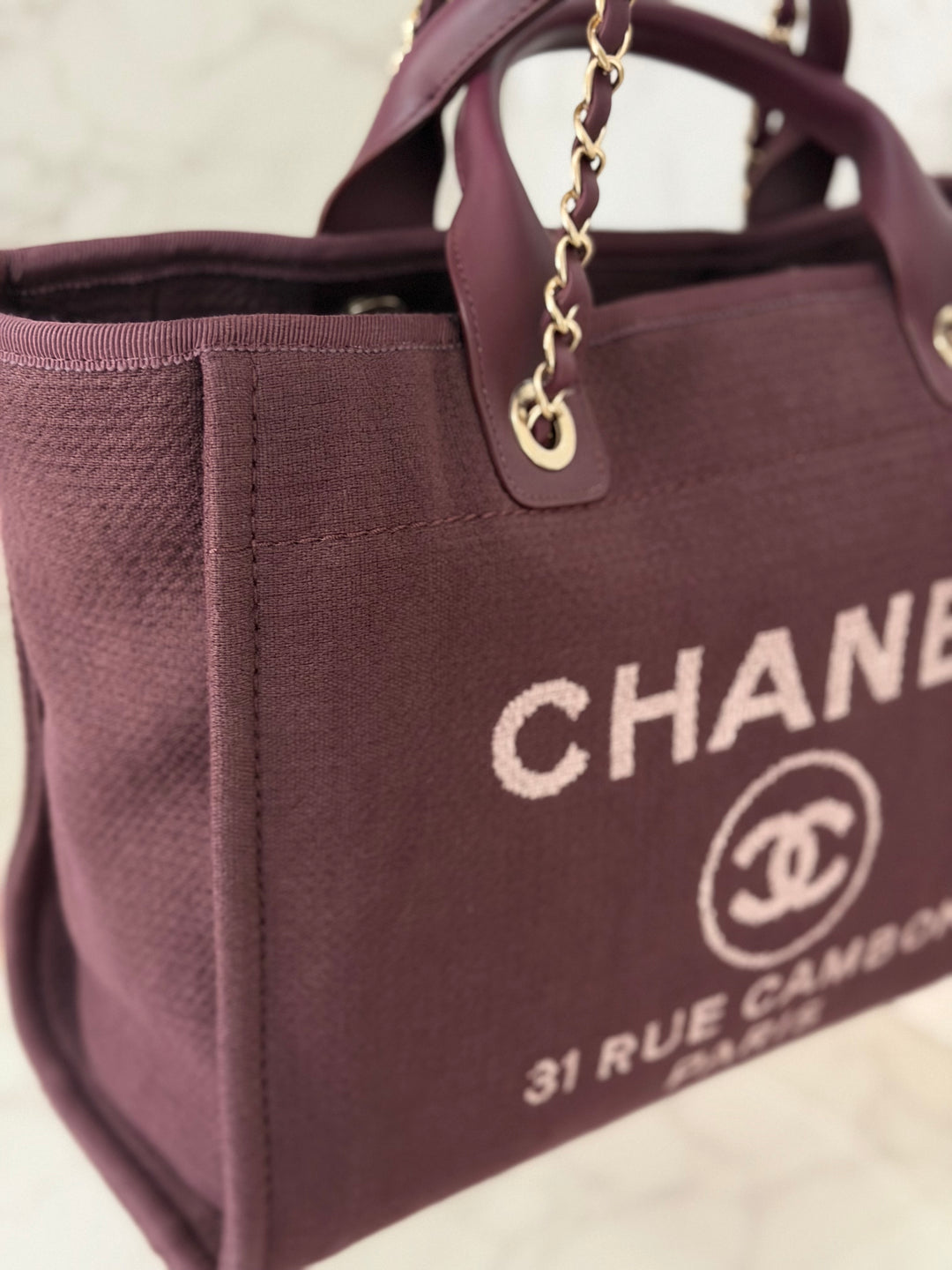Chanel 24B Collection 2024 Burgundy Tweed Deauville Tote with Leather top handle size small and Detachable pouch