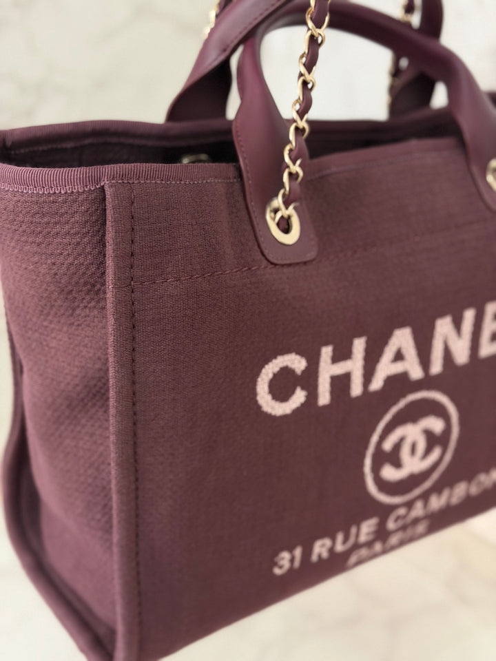 Chanel 24B Collection 2024 Burgundy Tweed Deauville Tote with Leather top handle size small and Detachable pouch