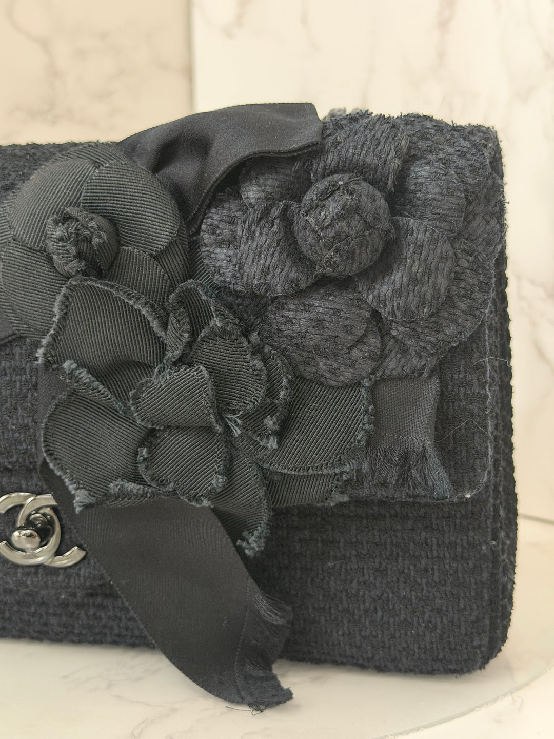 CHANEL 23C 2023 Embroidered Flower Tweed Medium Classic Flap Bag