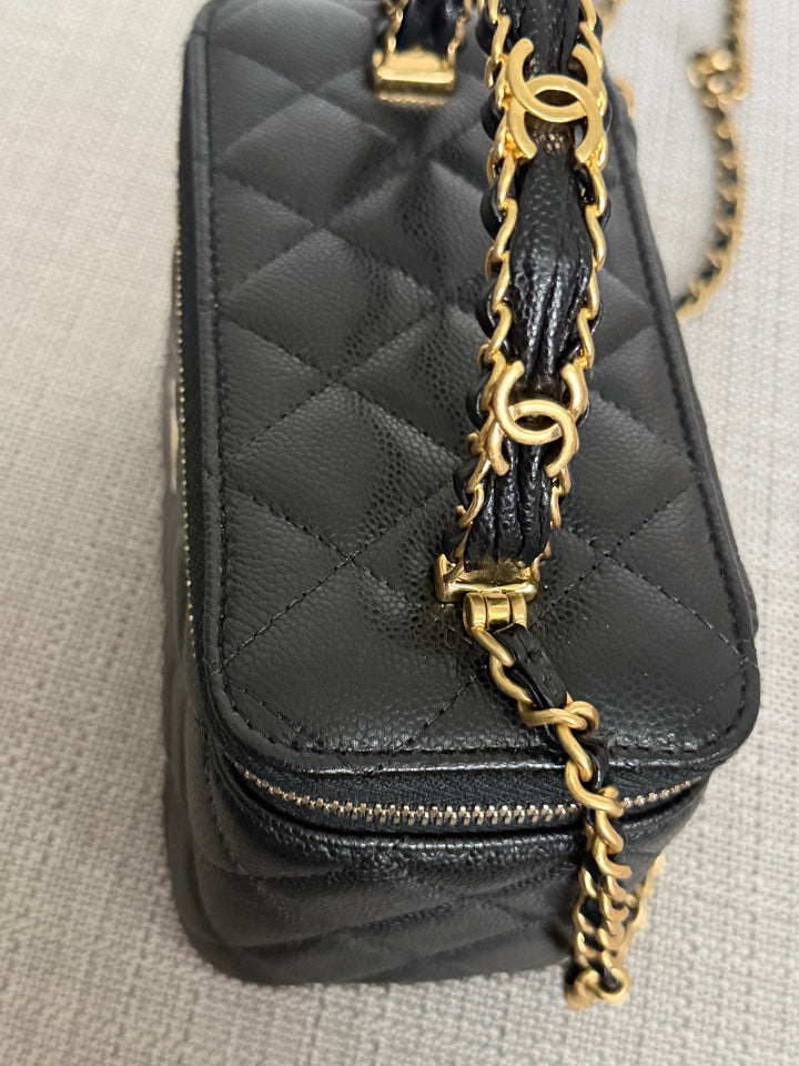 CHANEL Black Caviar Metal Top Handle Small Vanity with Chain 2025 Aged GHW