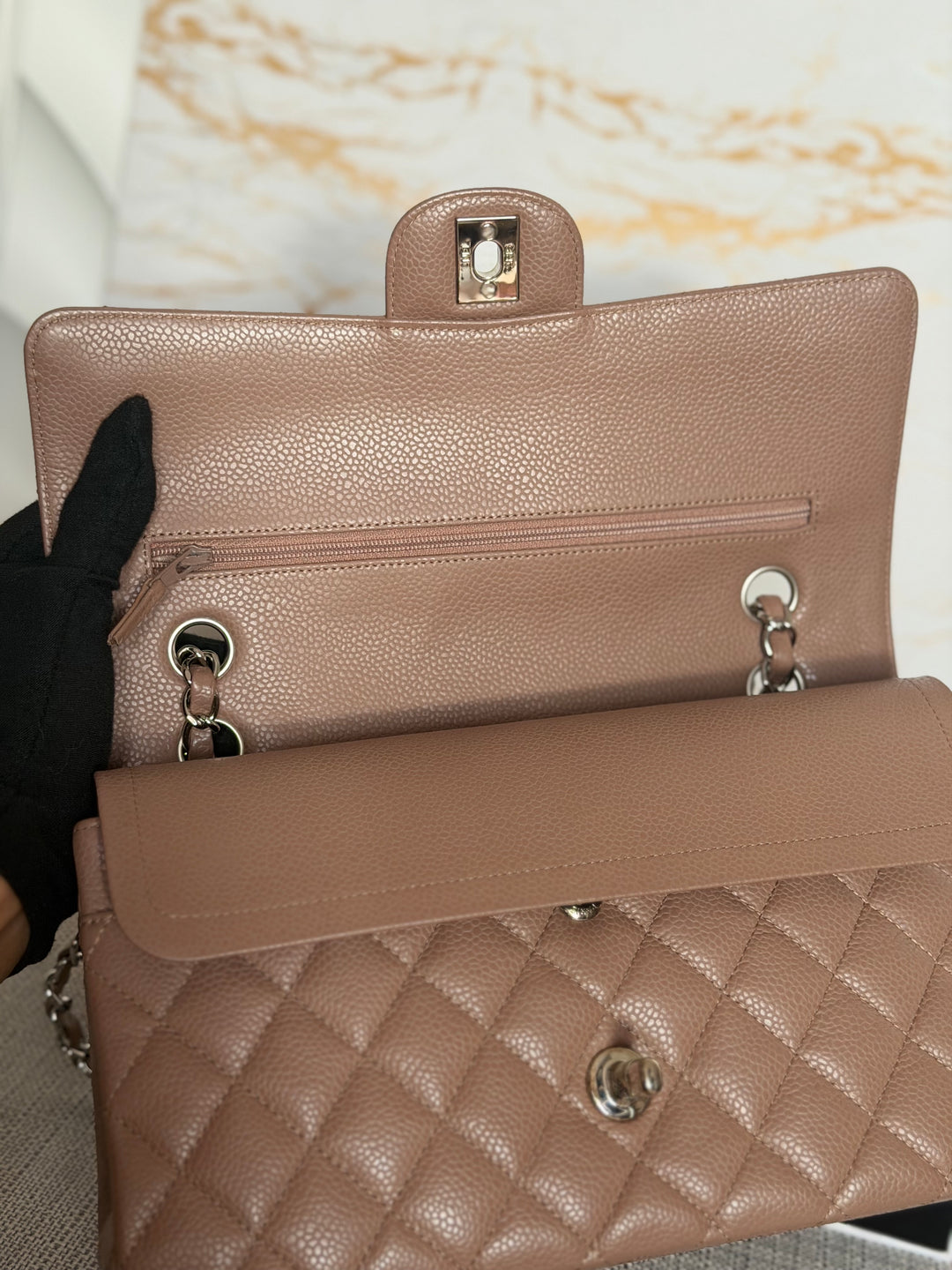 CHANEL series 13 Dark Beige Taupe Caviar SHW Medium ML Classic Double Flap Bag 2011