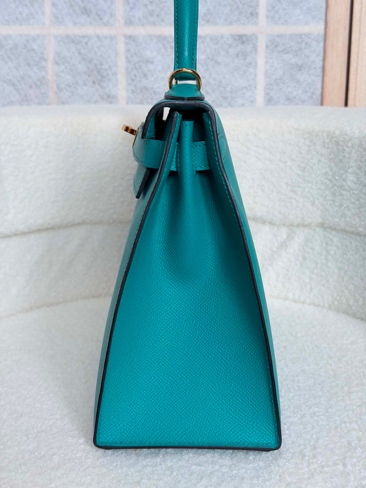 HERMÈS Kelly 28 Epsom Leather Sellier Special Order Bleu Paon GHW Stamp D 2019