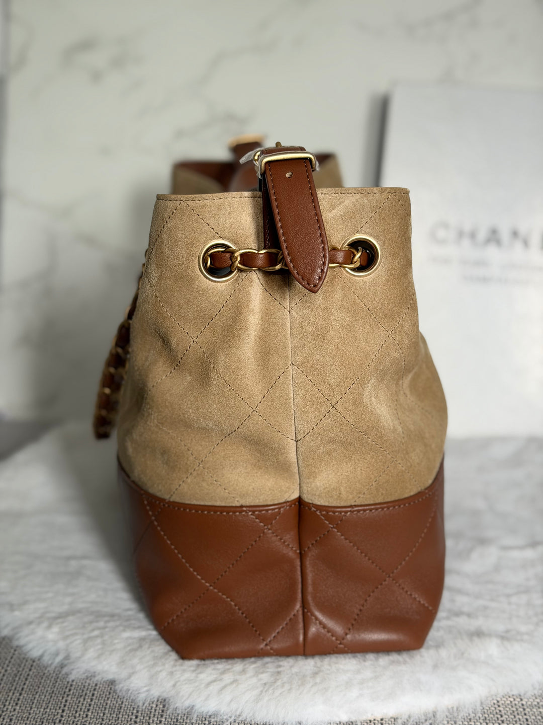 CHANEL 26S Beige Suede and Brown Leather Shopping Tote Bag 2026 size Small