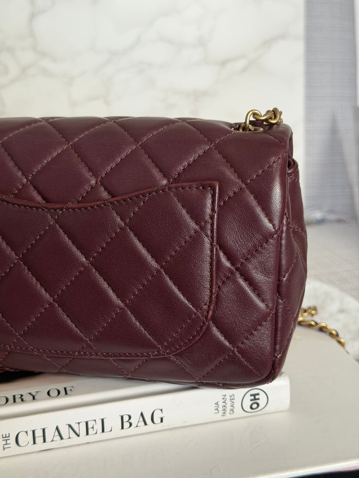 CHANEL 21B Burgundy Lambskin Aged GHW Pearl Crush Mini Rectangular Flap Bag 2021