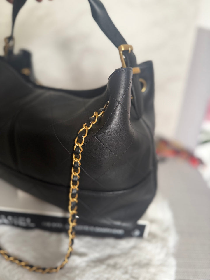 CHANEL 25A Black Calf Skin aged GHW Hobo Shopping Bag size Small 2025