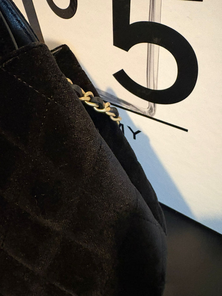 CHANEL Black Velvet Kelly Shopping Bag size SMALL aged GHW 19 cms fits iPhone pro Max 2025