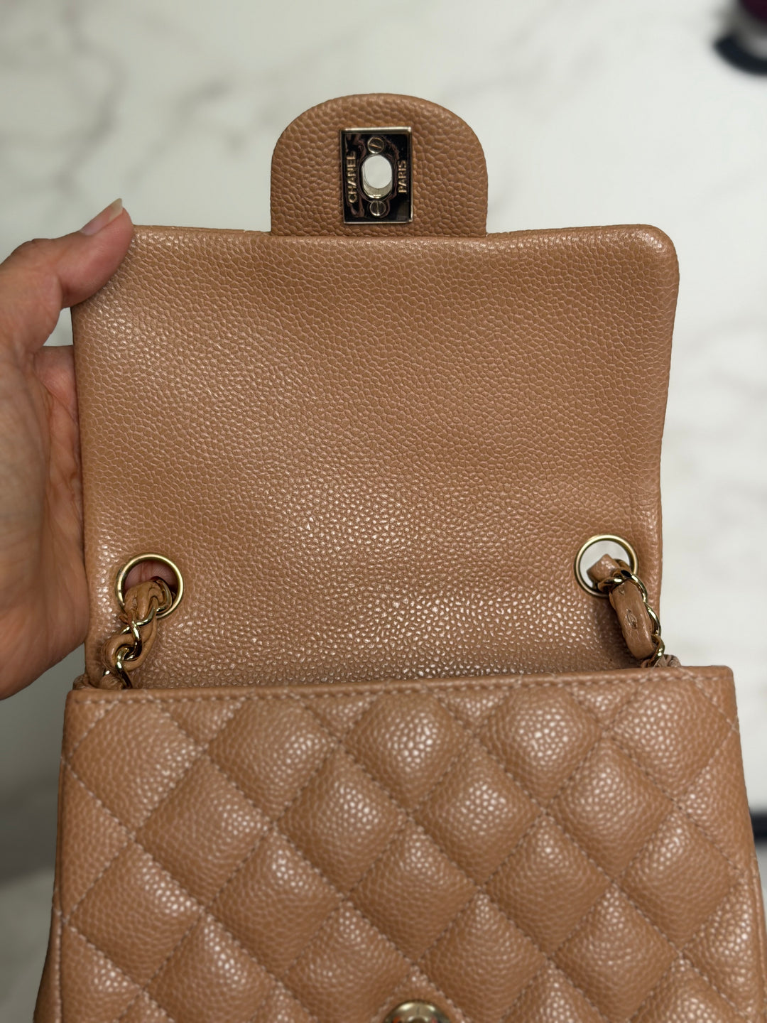 CHANEL 18S series 25 Dark Beige Caviar LGHW Square Mini Flap Bag 2018 Rare
