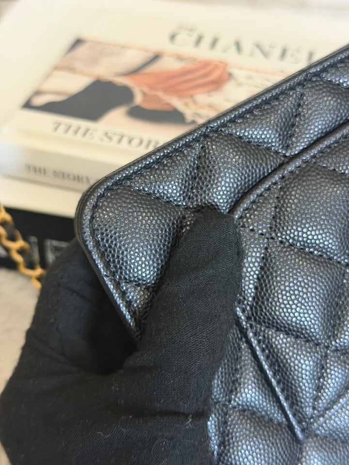 CHANEL Camellia Turnlock Black Lambskin Brushed GHW Classic Wallet on Chain (WOC) microchip 2023