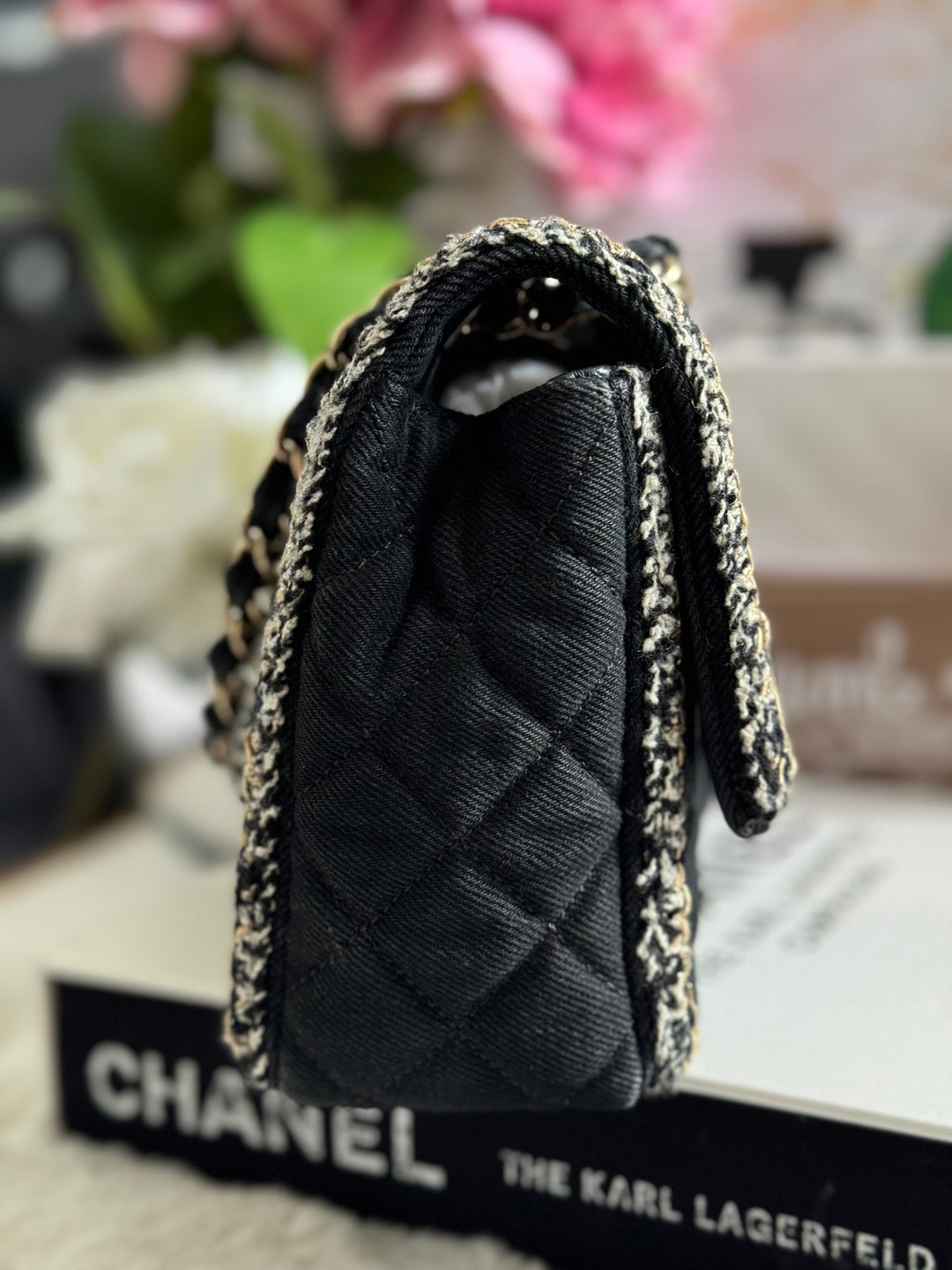 Chanel series 26 Black Denim LGHW Braided in Gold/White/Black Medium Flap Bag