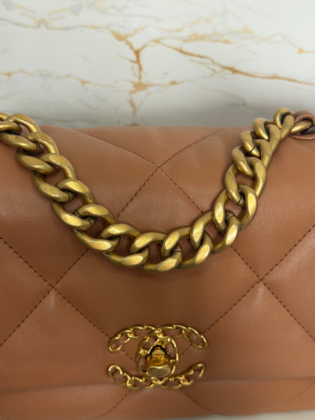 CHANEL Caramel Brown Lambskin Mixed Hardware 19 Flap Bag size SMALL 2022