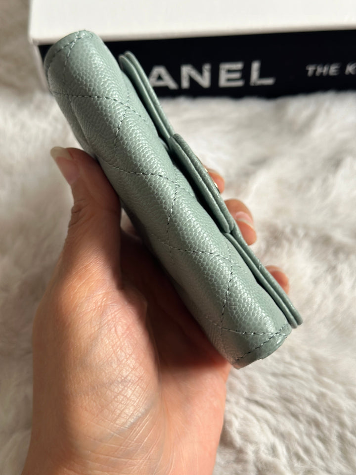 Chanel Sage caviar LGHW Classic Flap Snap Card Holder