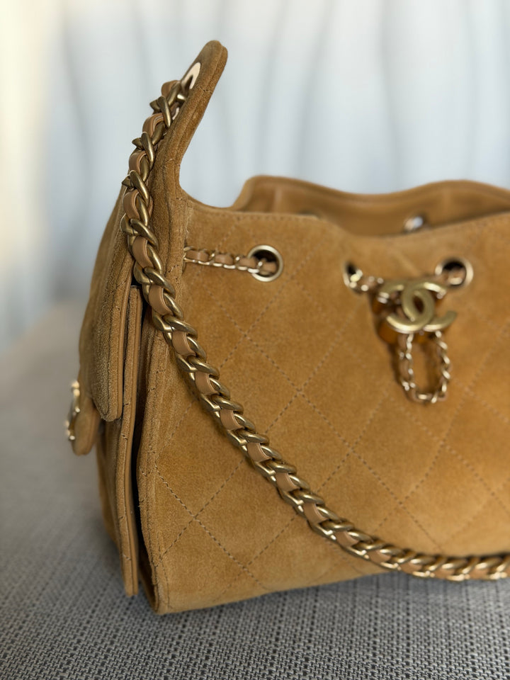 CHANEL 26C Dark Beige Camel Suede U5319 Aged GHW Mini 25 Hobo Bag