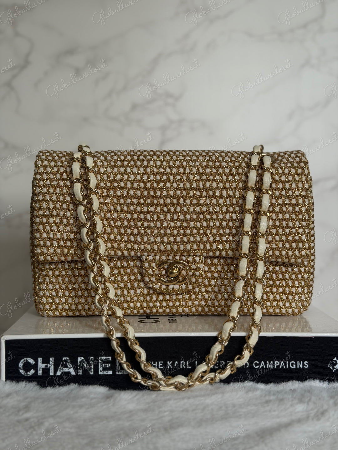 CHANEL series 17 Beige/Ivory Gold Tweed Medium ML Timeless Classic Double Flap Bag 2012 with LGHW