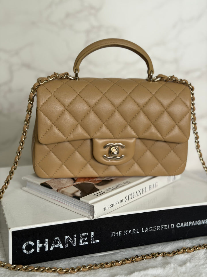 CHANEL Dark Beige Lambskin LGHW Mini Rectangular Flap Bag with Top Handle 2023
