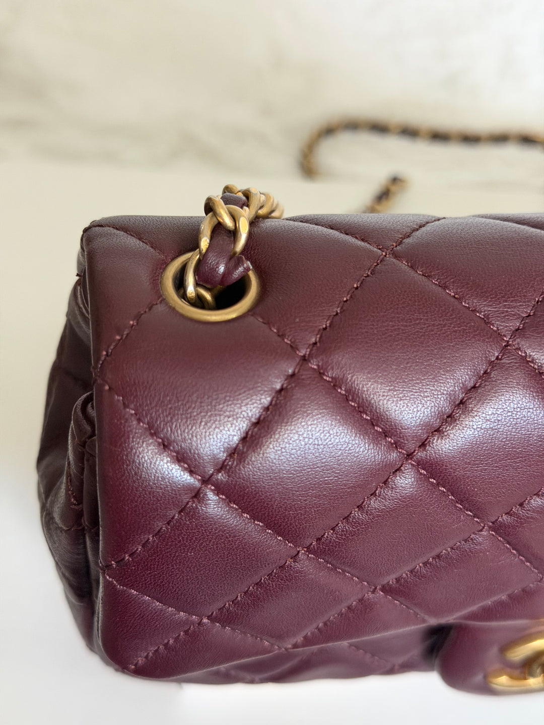 CHANEL 21B Burgundy Lambskin Aged GHW Pearl Crush Mini Rectangular Flap Bag 2021
