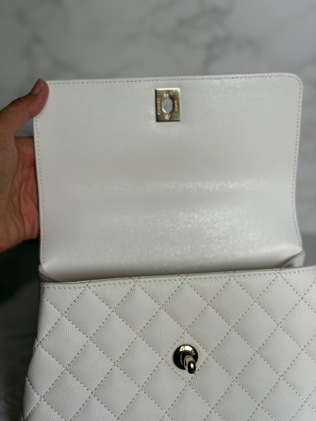 CHANEL White Caviar LGHW Coco Handle Flap Bag Size SMALL with detachable Strap Microchipped