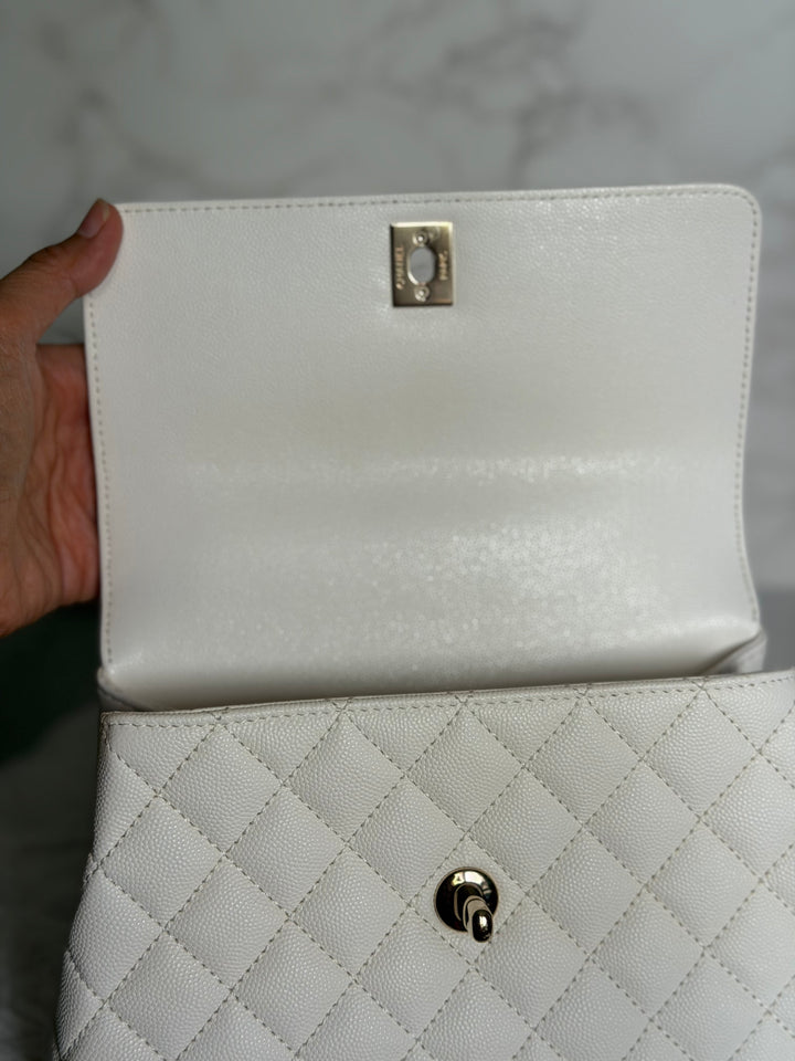 CHANEL White Caviar LGHW Coco Handle Flap Bag Size SMALL with detachable Strap Microchipped