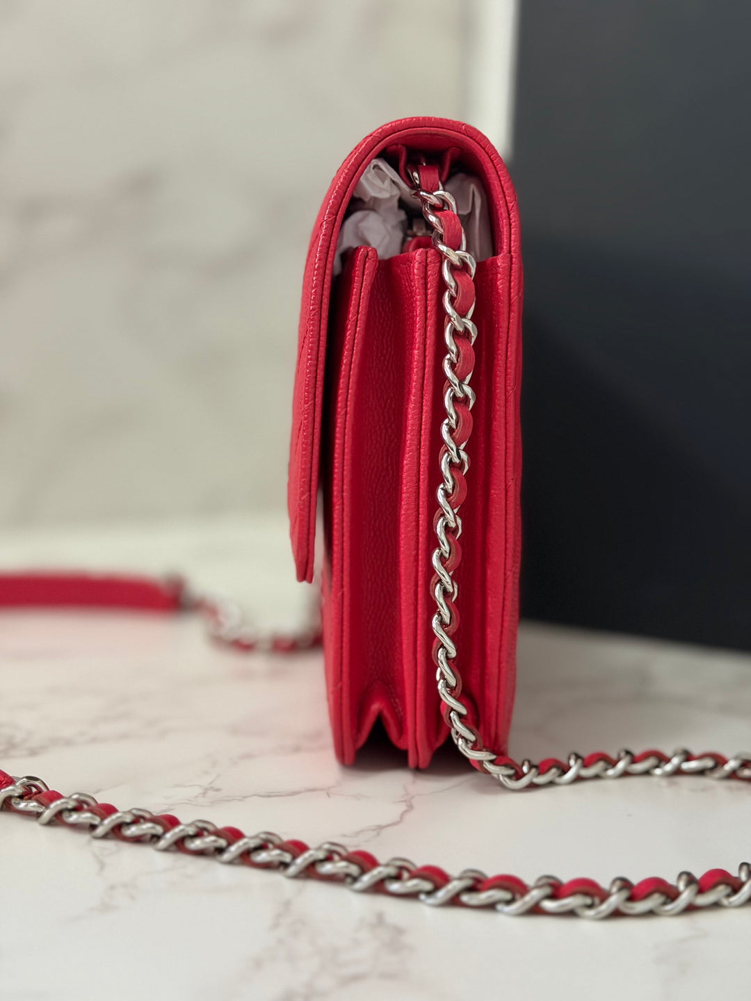 CHANEL series 25 2018 Dark pink chevron caviar SHW Square Wallet On Chain (WOC)