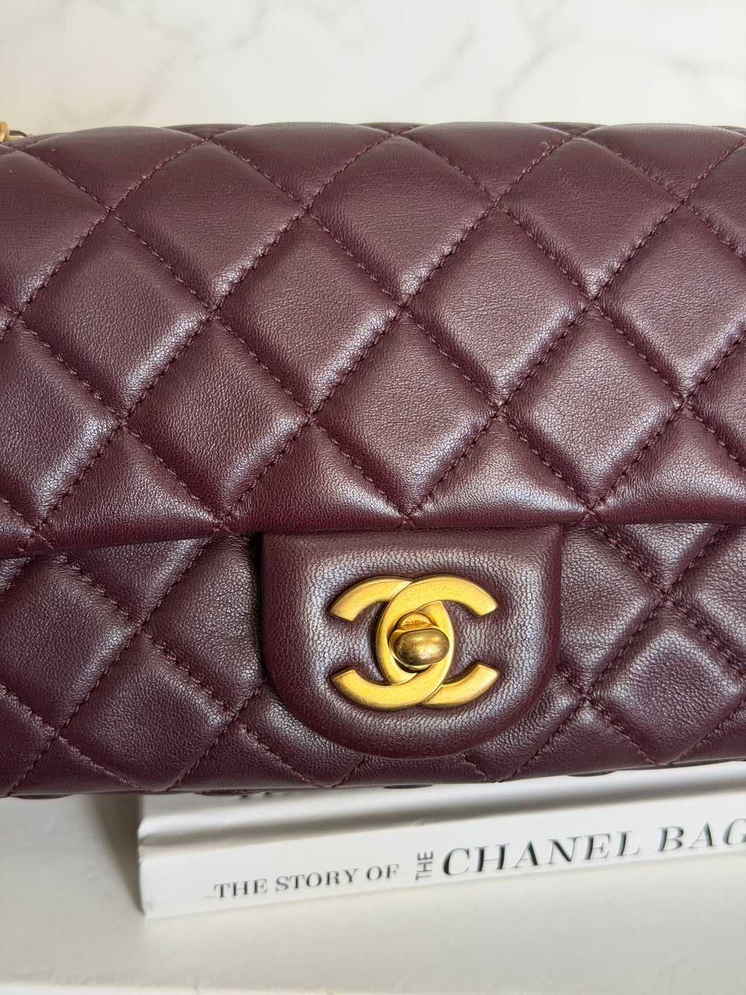 CHANEL 21B Burgundy Lambskin Aged GHW Pearl Crush Mini Rectangular Flap Bag 2021