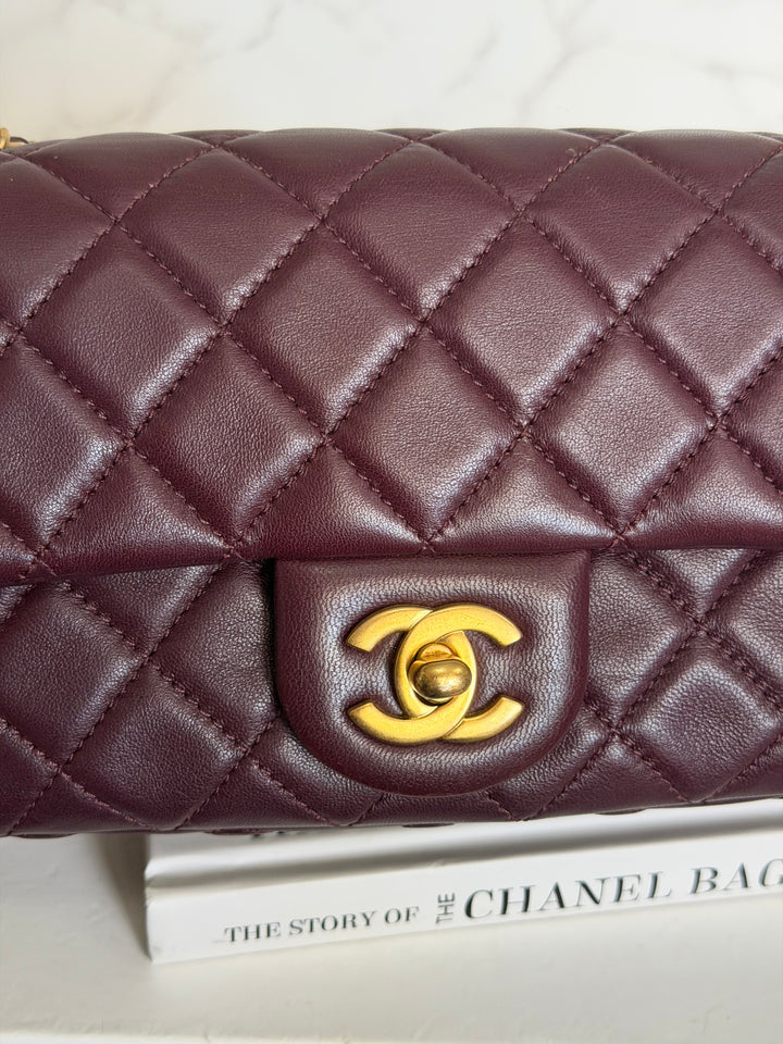 CHANEL 21B Burgundy Lambskin Aged GHW Pearl Crush Mini Rectangular Flap Bag 2021