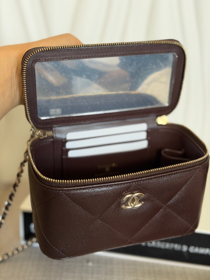 CHANEL 26S Dark Brown Caviar LGHW Small Vanity Case with Top Handle