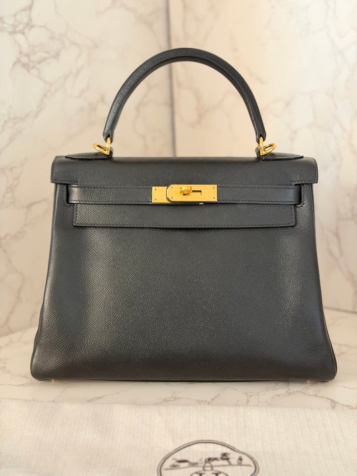 Hermes Noir/Black Epsom Leather GHW Kelly 28 stamp N 2010