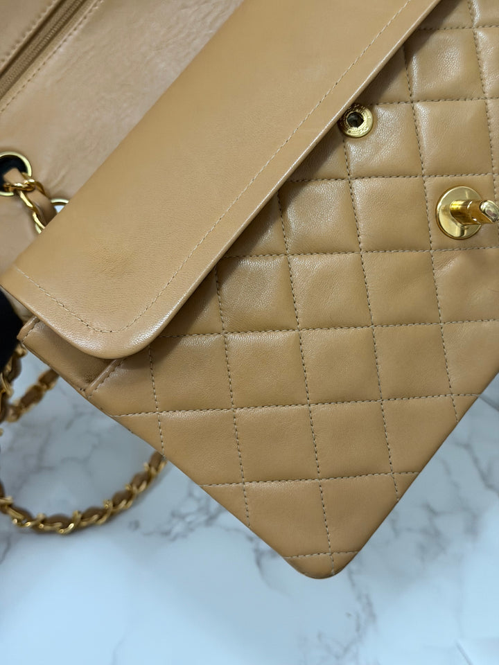 CHANEL series 4 Vintage 24K GHW Dark Beige Lambskin Timeless Classic Medium Double Flap Bag
