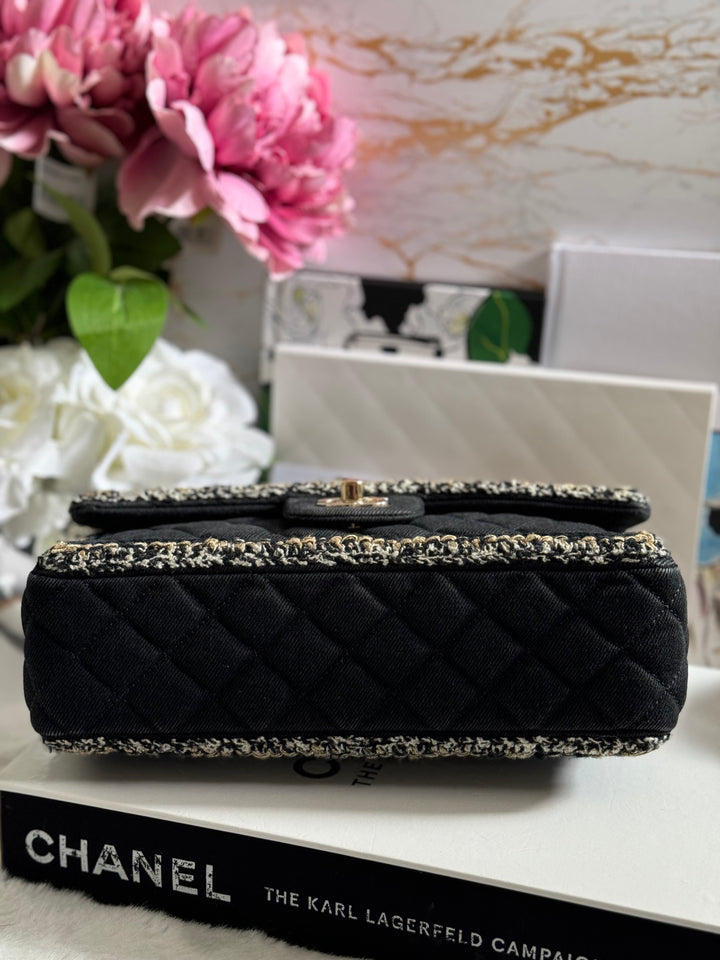 Chanel series 26 Black Denim LGHW Braided in Gold/White/Black Medium Flap Bag