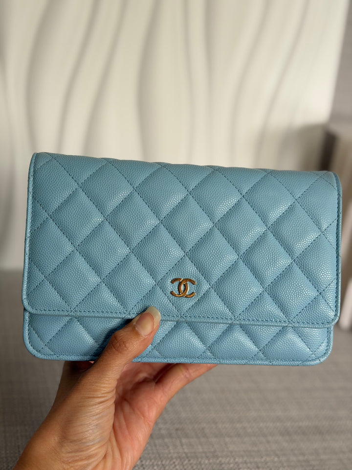 CHANEL 22S Collection 2022 Baby Blue/ Light Blue Caviar LGHW Classic Wallet on chain (WOC)