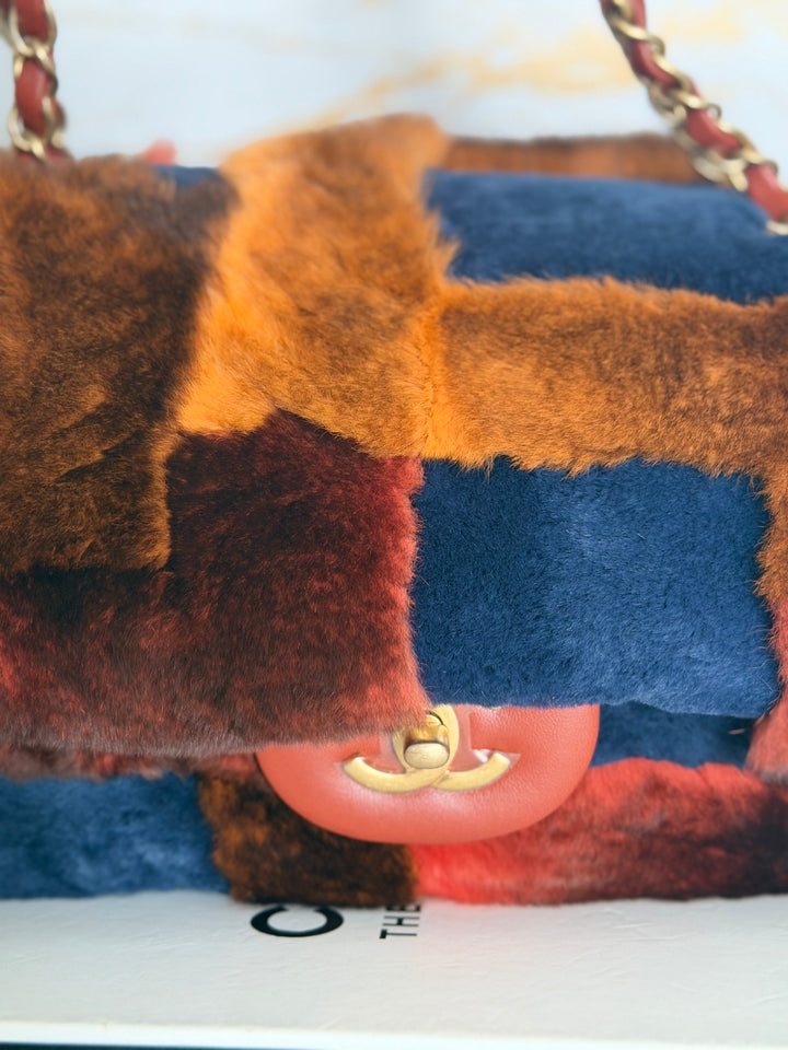 CHANEL series 28 Orylag Red Orange Navy Fur Flap Bag with GHW Medium Single Flap Bag 2018