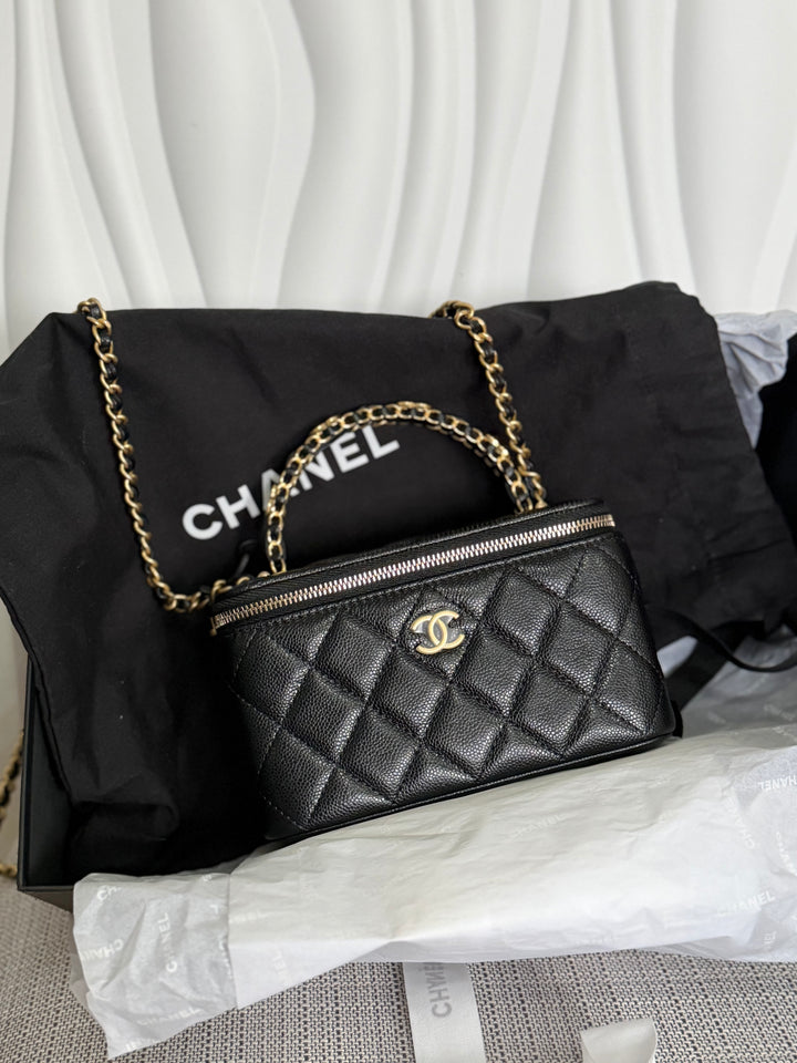 CHANEL Black Caviar Metal Top Handle Small Vanity with Chain 2025 Aged GHW
