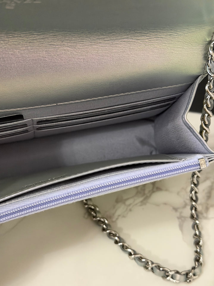 CHANEL 21K Silver Lambskin SHW Classic Wallet On Chain (WOC)