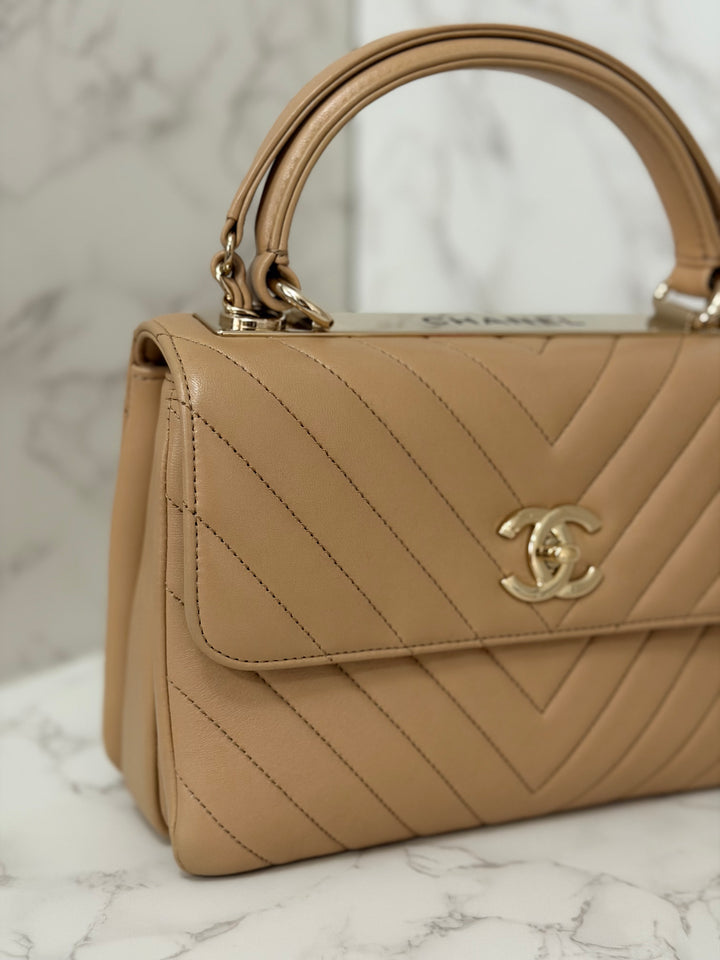 CHANEL series 27 2018 Dark Beige Lambskin LGHW Trendy CC Flap Bag size Small with Top Handle and detachable strap