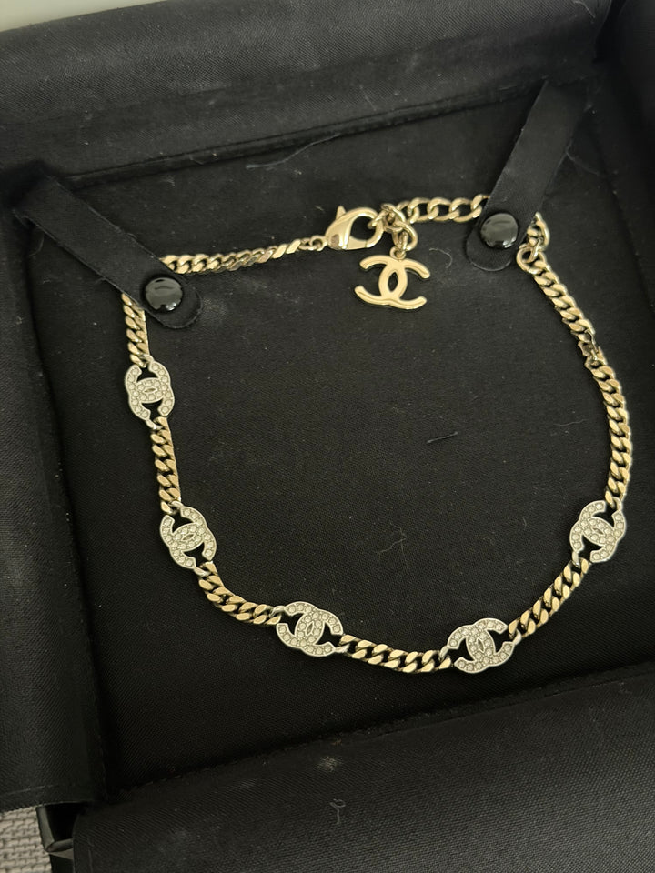 CHANEL Crystal CC Choker Necklace in Silver and Light Gold Hardware