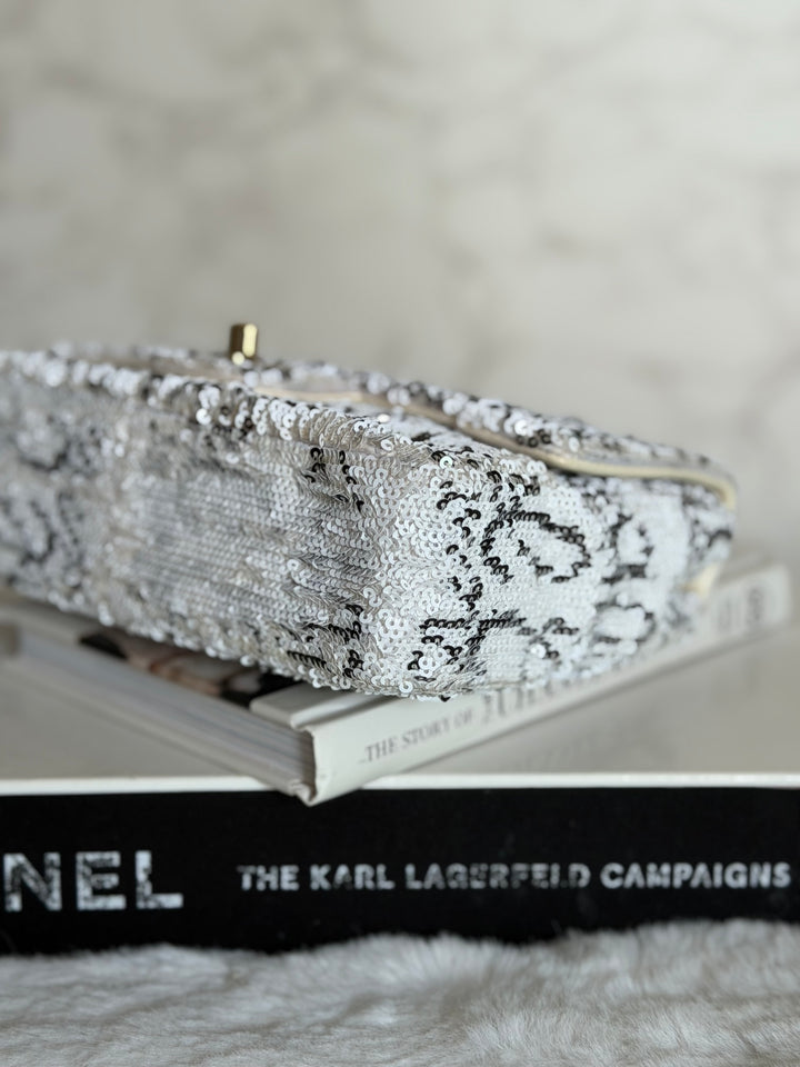 CHANEL 22C White and Black Sequin SMALL Flap Bag LGHW 2022