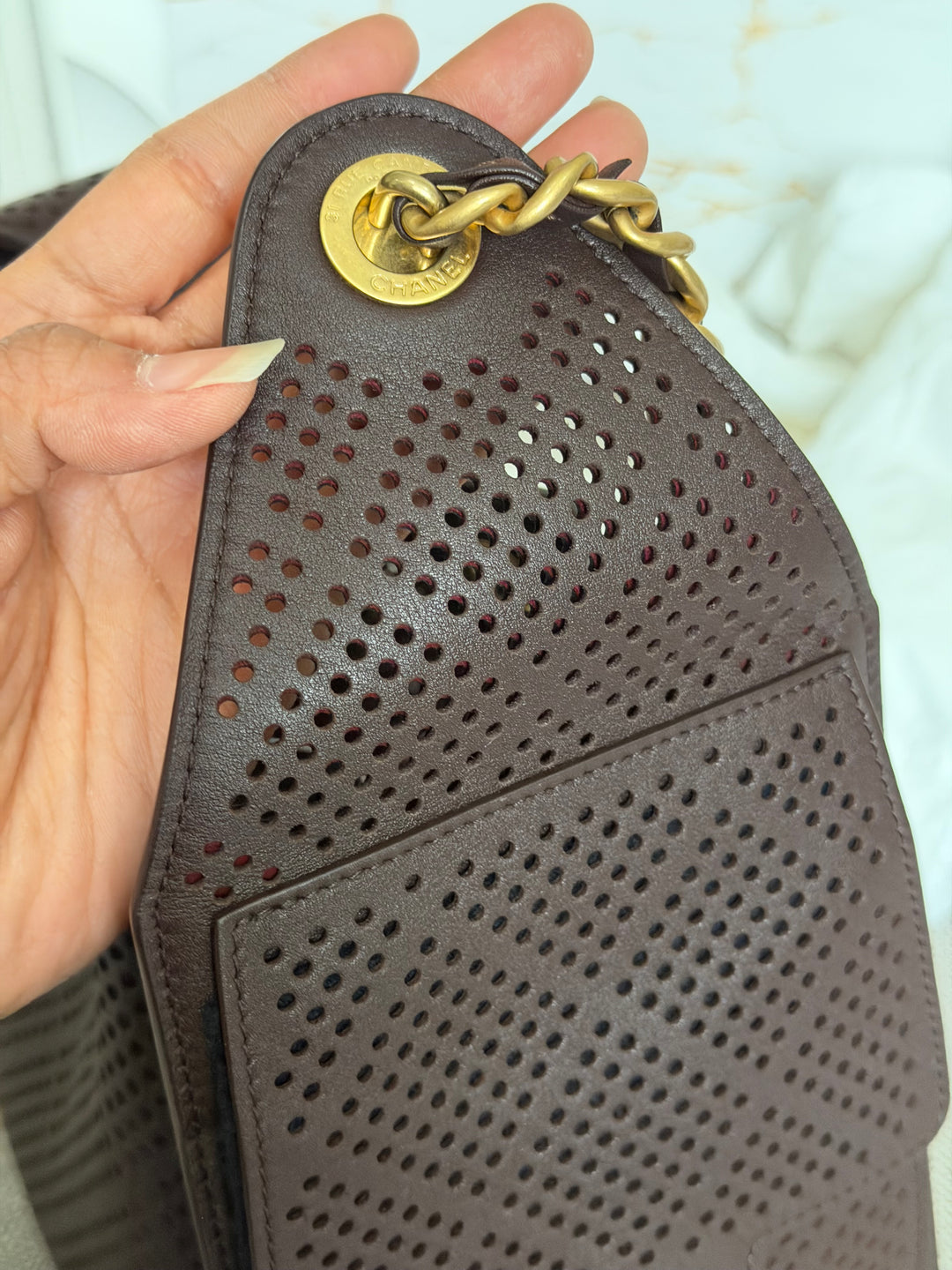 CHANEL 26S 25 Hobo Bag in Perforated BROWN Calf skin Aged GHW size SMALL