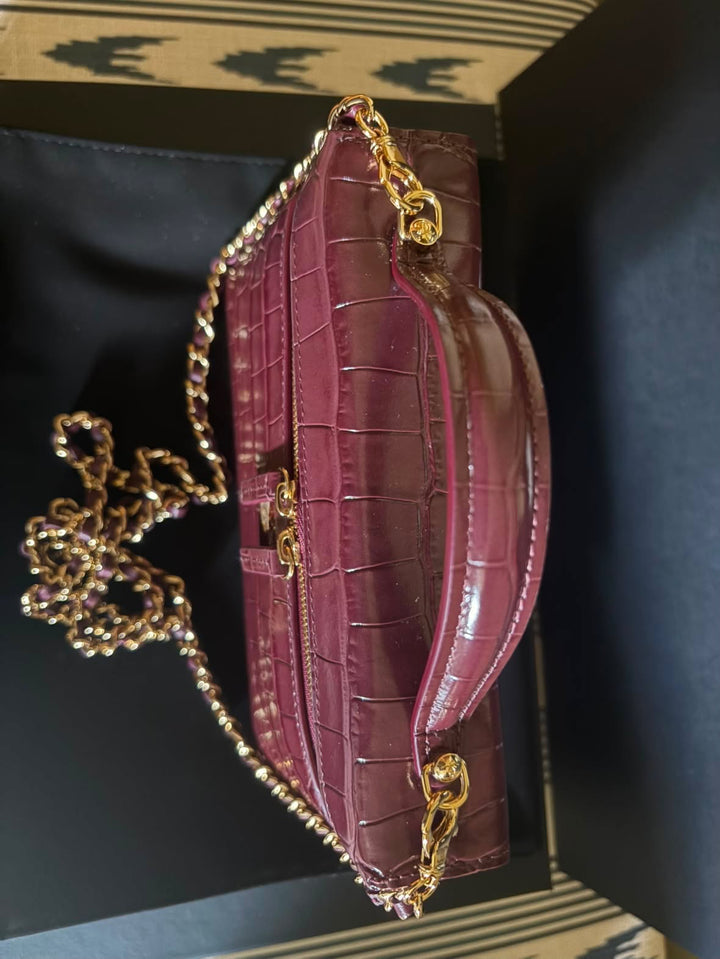CHANEL 26B Burgundy Calf Skin Croc Embossed LGHW LP Long Vanity with detachable chain size SMALL 19 cms 2026