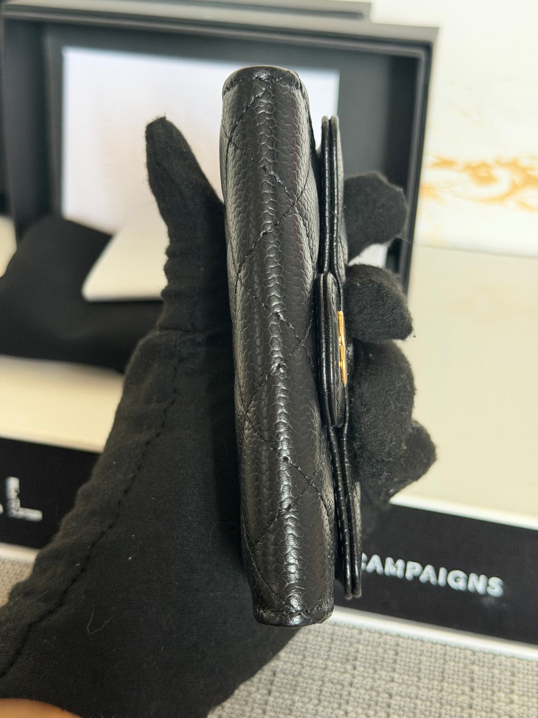 CHANEL Black Caviar LGHW Classic Flap Snap Card Holder