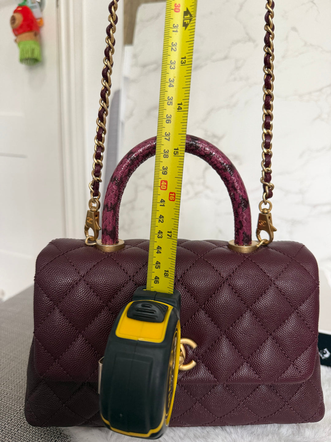 CHANEL series 26 Burgundy Caviar Aged GHW Coco Handle Flap Bag size SMALL with Pink sea snake handle 2018