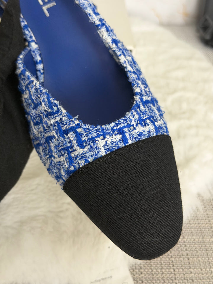 CHANEL 23P Cobalt Blue SHW Tweed Slingback shoes with kitten heels