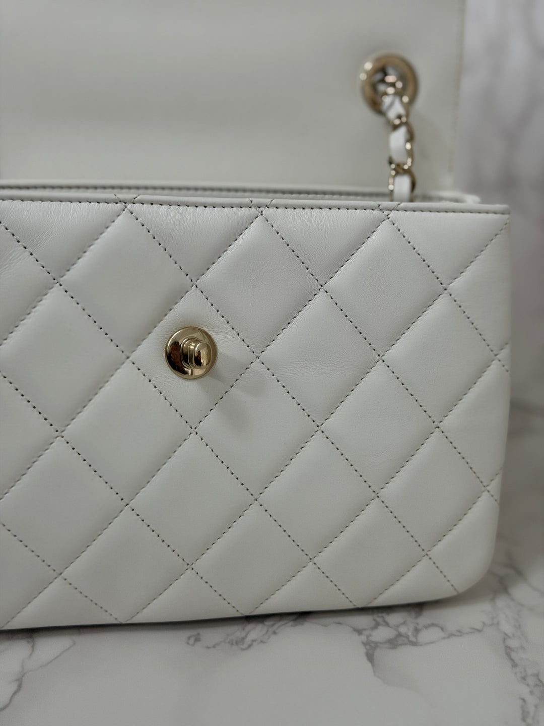 CHANEL 23S collection 2023 White Lambskin LGHW Trendy CC Flap Bag size Small with raised CHANEL Engraved Plate Top Handle
