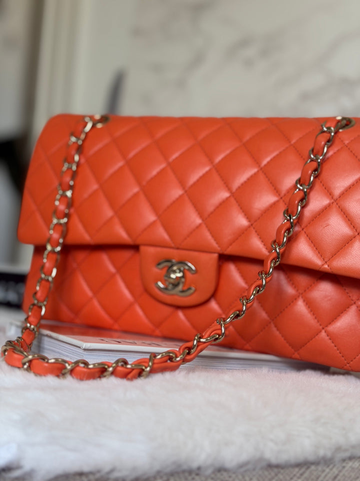 CHANEL 20S Orange Lambskin LGHW Medium ML Timeless Classic Double Flap Bag