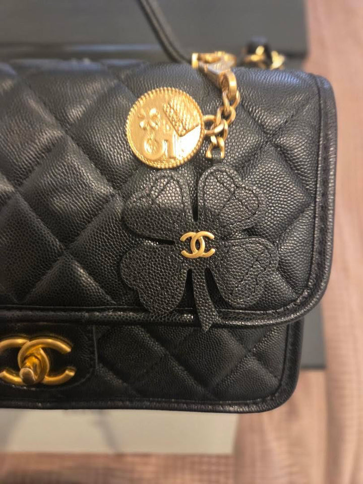CHANEL 25B 2025 Top Handle Black Caviar Aged GHW with Charm