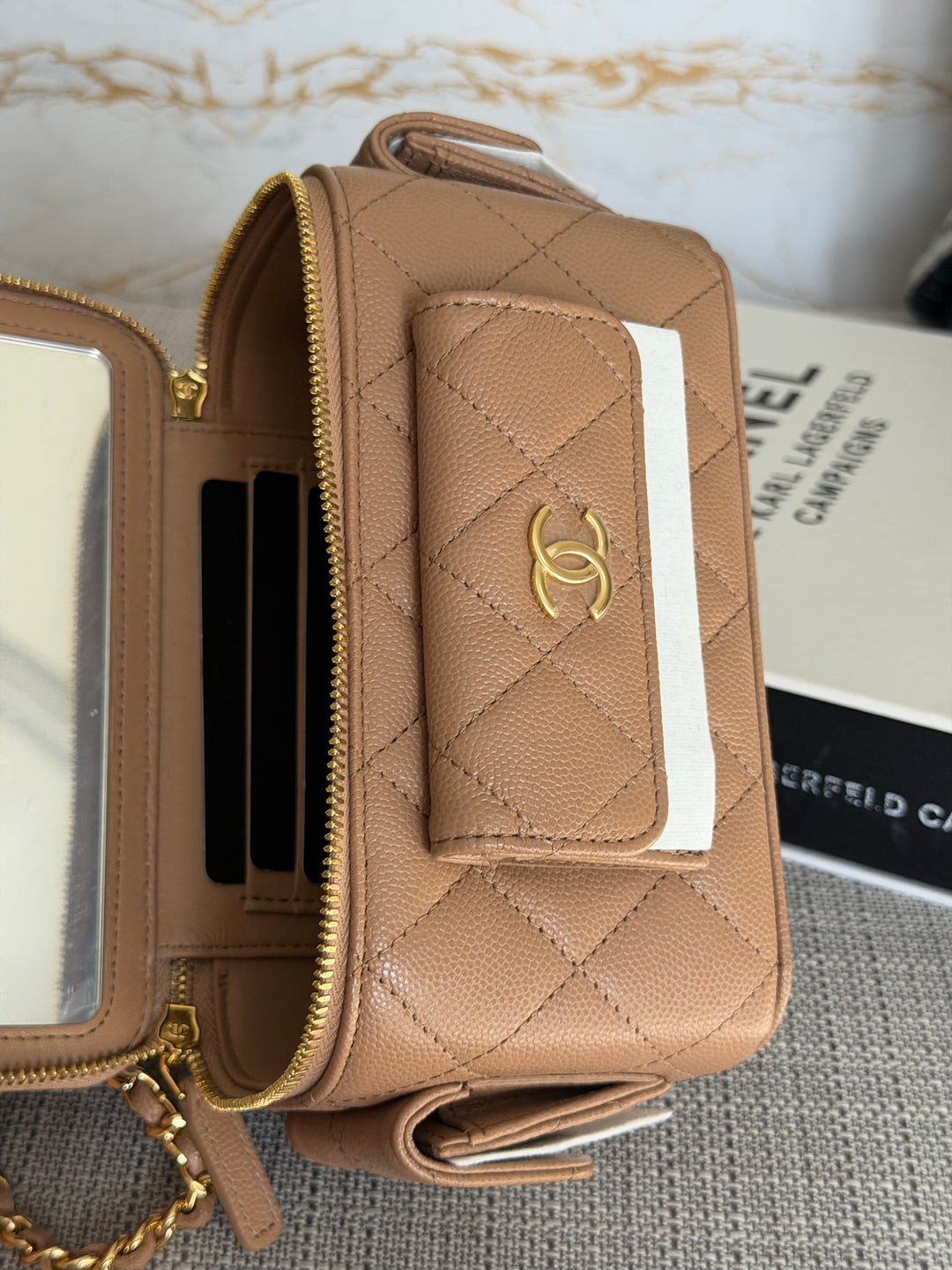 CHANEL Dark Beige Caviar Quilted Polly Pockets Cargo Small Vanity Case with Aged GHW 2023