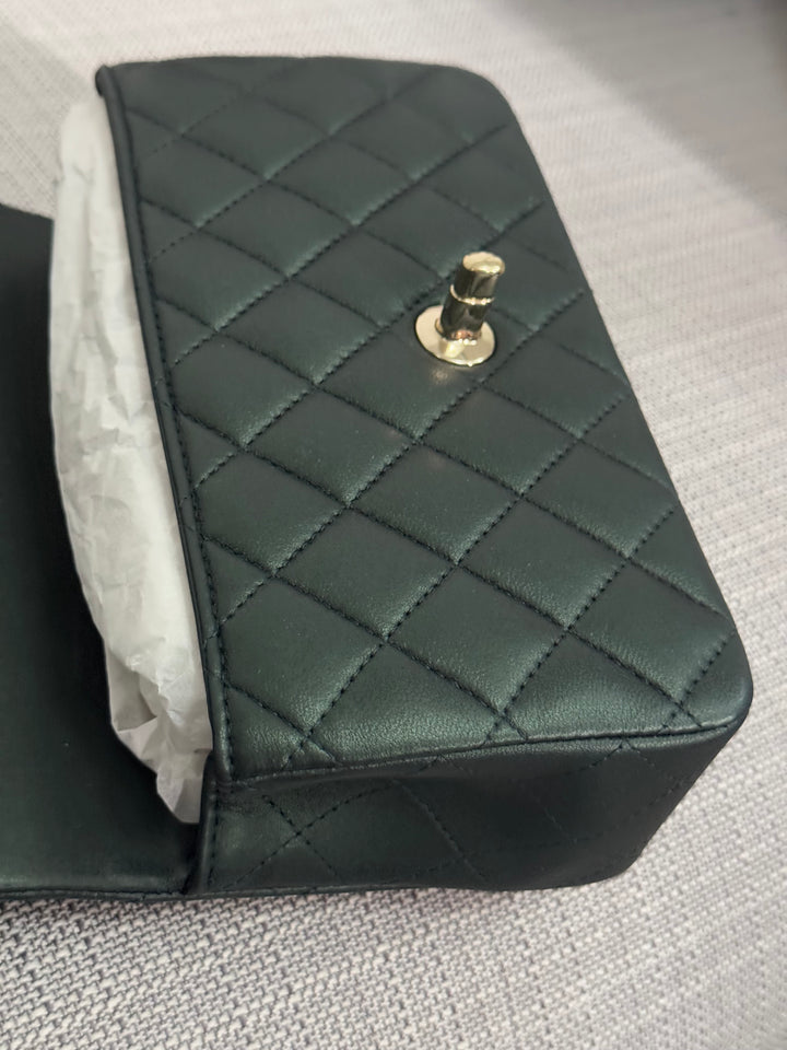 Chanel Iridescent Dark Green Lambskin Mini Rectangular Flap Bag with Top Handle and Champagne GHW