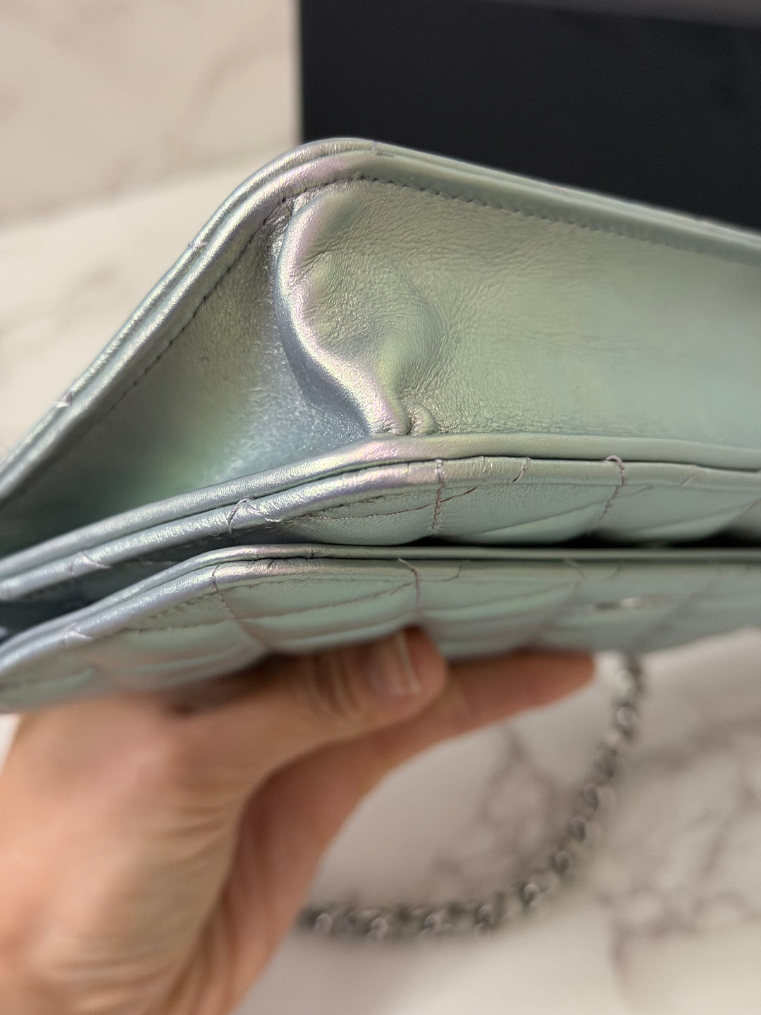 CHANEL 21K Silver Lambskin SHW Classic Wallet On Chain (WOC)