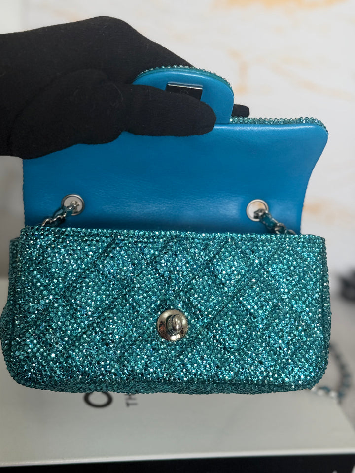 CHANEL series 21 Turquoise Teal Green Blue Diamanté Swarovski Crystal Strasssd Extra Mini Flap Bag with SHW *unicorn* RARE