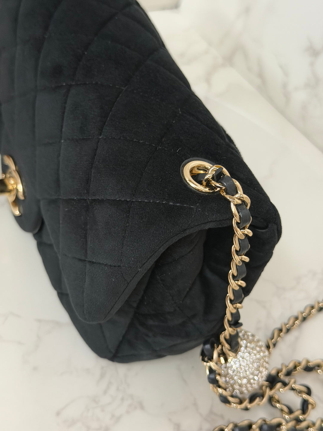 CHANEL series 30 20K collection 2020 Black Velvet Crystal Pearl Crush Adjustable Strap LGHW Mini Rectangular Flap Bag