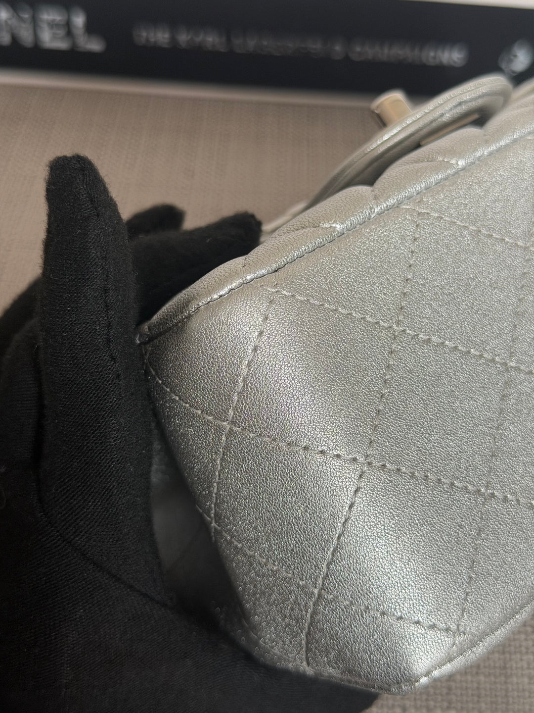 CHANEL Metallic Silver Lambskin SHW Square Mini Flap Bag 2021 21P collection series 31