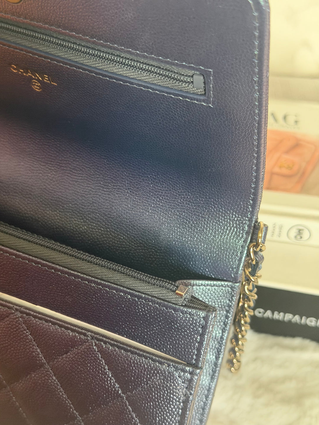 CHANEL 22P Iridescent Purple Caviar LGHW 2022 Classic Wallet On Chain (WOC)